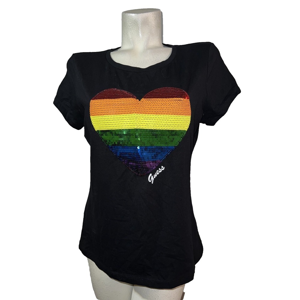 GUESS Los Angeles Women XL Black Rainbow Sequin Heart T-Shirt Stretch Cotton Tee